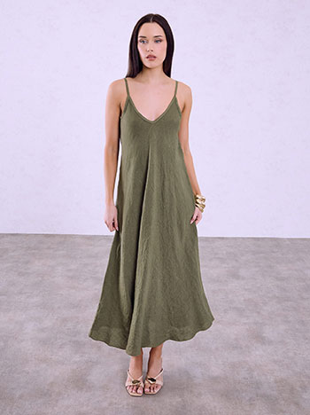 Linen V neckline dress in khaki