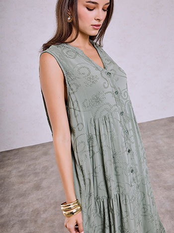 Maxi embroidered dress with buttons in light khaki