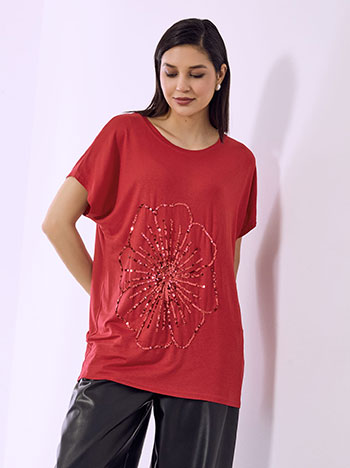 Μπλούζα με λουλούδι απο παγιέτες σε κόκκινο