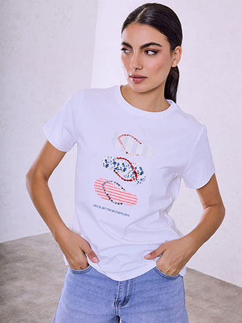 T-shirt with graphic print and sequins in white
