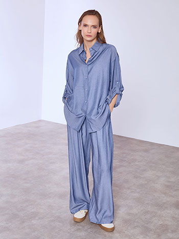 Shirt and wide leg trousers denim like set in blue