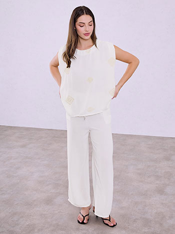 Top and wide leg trousers set with viscose in off white