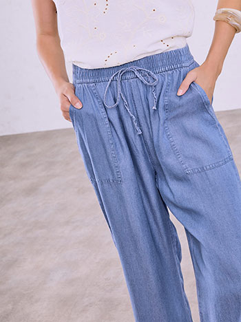Cotton wide leg denim-look trousers in light blue