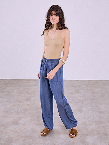 Cotton wide leg denim-look trousers in dark blue