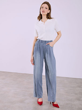 Wide leg trousers with decorative seams in light blue