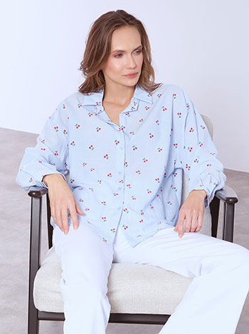 Shirt cotton with cherries in sky blue