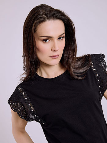 Top with broderie detail and strass in black