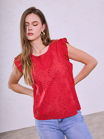 Embroidered sleeveless top in red