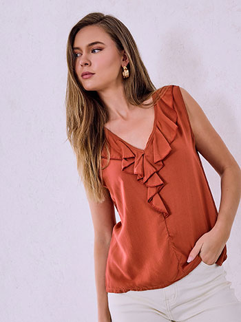 Top with ruffled neckline in terracota
