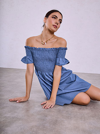 Denim mini dress with smocked bodice in blue