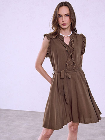 Midi dress with ruffles in brown