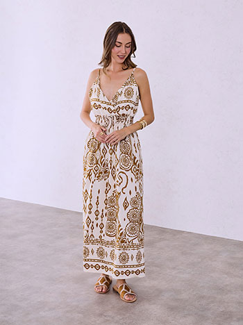 Φόρεμα κρουαζέ εμπριμέ με βισκόζη σε καμηλό