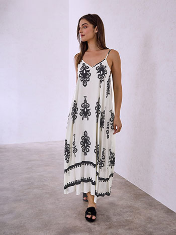 Printed V neckline dress in black off white