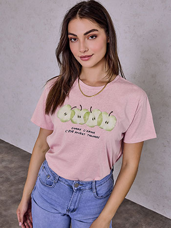 T-shirt με στάμπα μήλα σε ροζ