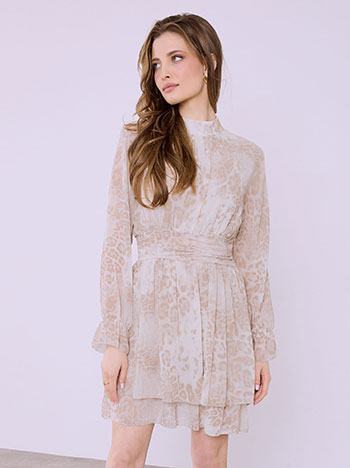 Φόρεμα μίνι λεοπάρ με βολάν σε μπεζ