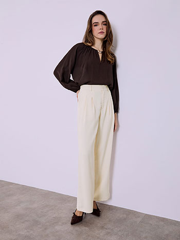 Wide leg trousers with elastic waistband in beige