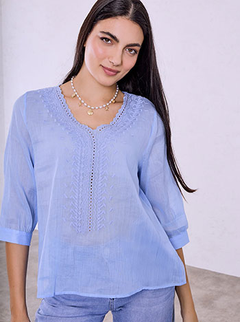 Embroidered semi-sheer top in light blue