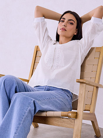 Embroidered semi-sheer top in white