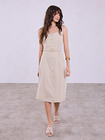 Midi dress with decorative buttons in beige