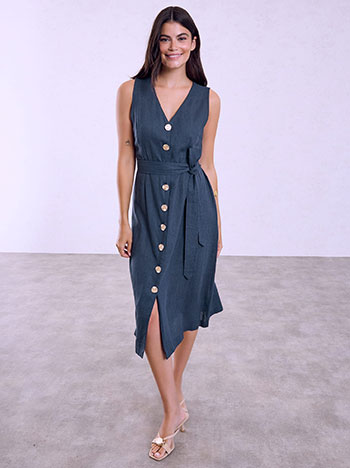 Midi shirt-dress with textured buttons in dark blue