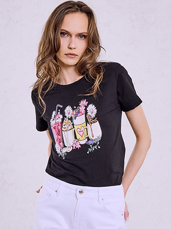T-shirt με στάμπα και strass σε μαύρο