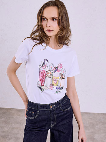 T-shirt με στάμπα και strass σε λευκό