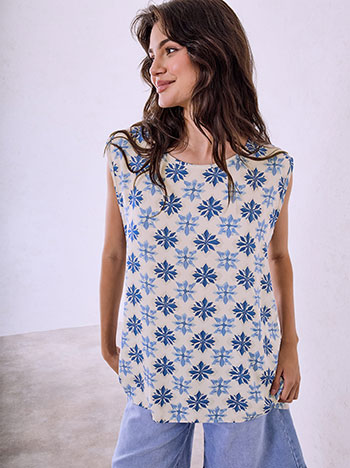 Sleeveless printed top in light beige