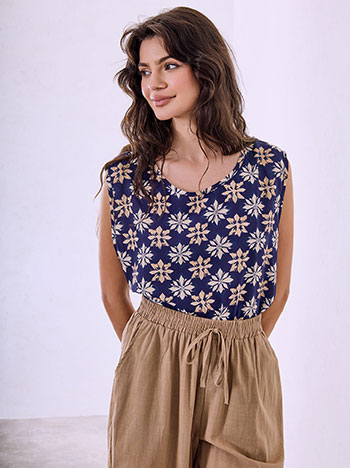 Sleeveless printed top in dark blue