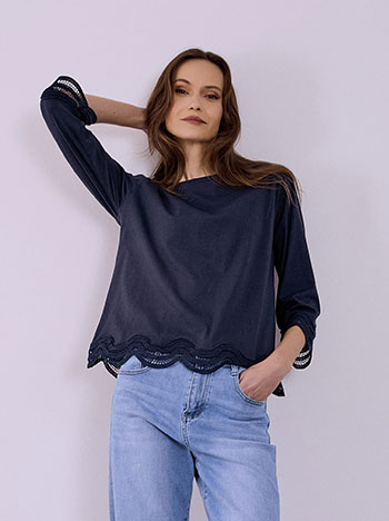 Three-quarter sleeve top in dark blue