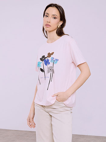 T-shirt with flowers and strass in pink