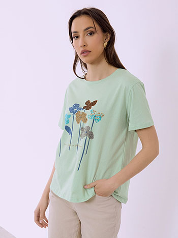 T-shirt with flowers and strass in mint