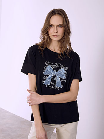 T-shirt with textured bow in black