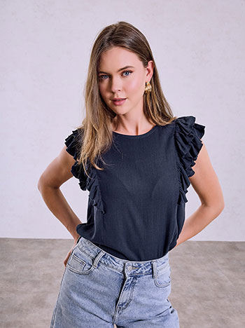 Monochrome ruffled top in dark blue