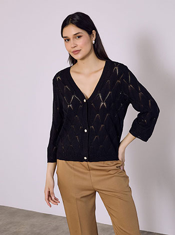 Ζακέτα διάτρητη με κουμπιά πέρλες σε μαύρο