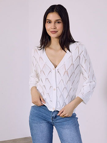 Cardigan perforated with pearl buttons in white