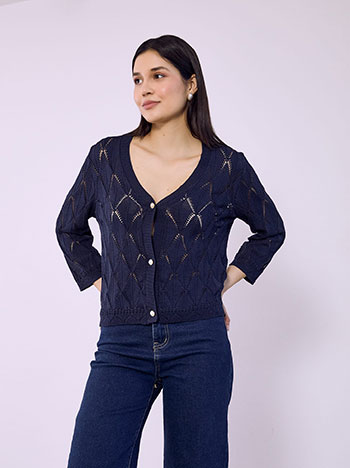 Ζακέτα διάτρητη με κουμπιά πέρλες σε σκούρο μπλε