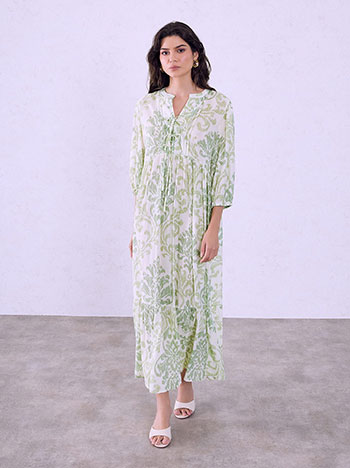 Printed mao collar dress in light green