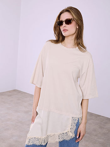 Mixed fabric top in beige