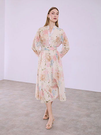 Dress floral with belt in white