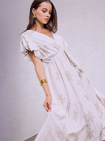Embroidered dress with shell details in beige