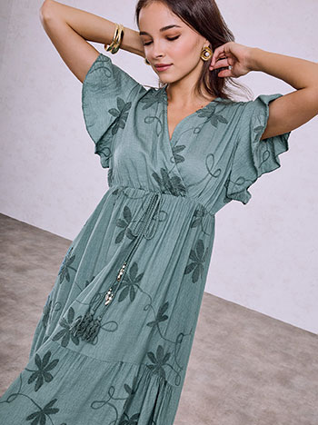 Embroidered dress with shell details in teal