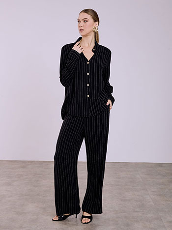 Striped wide leg trousers and shirt set in black