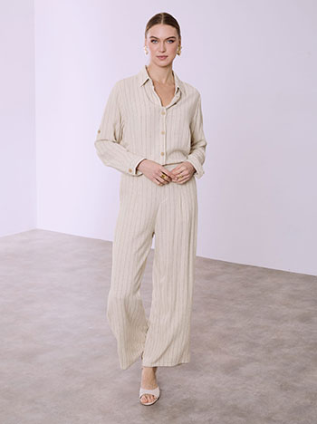 Σετ με ριγέ πουκάμισο και παντελόνα σε μπεζ