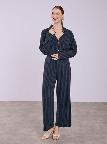 Striped wide leg trousers and shirt set in dark blue