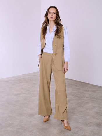 Long vest and wide leg trousers set in camel