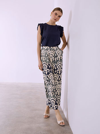 Printed wide-leg pants and top set in dark blue
