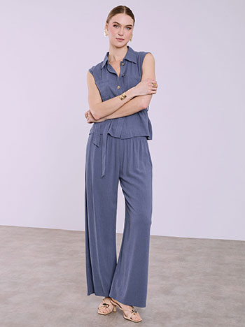 Shirt and wide leg trousers set with linen in rough blue