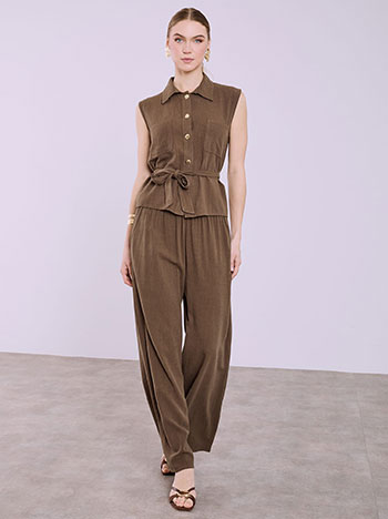 Shirt and wide leg trousers set with linen in brown