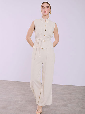 Shirt and wide leg trousers set with linen in beige