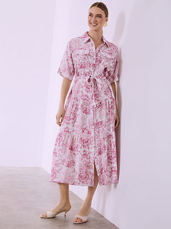 Printed shirt dress with belt in fuchsia